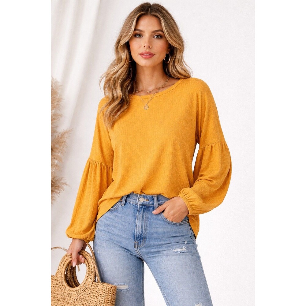 Burnt Orange Ribbed Knit Balloon Sleeve Casual Top Women’s Size L
